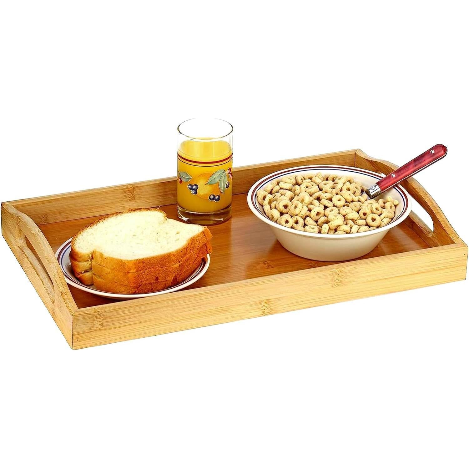 Serving tray bamboo - wooden tray with handles - Great for dinner trays, tea tray, bar tray, breakfast Tray, or any food tray - good for parties or bed tray