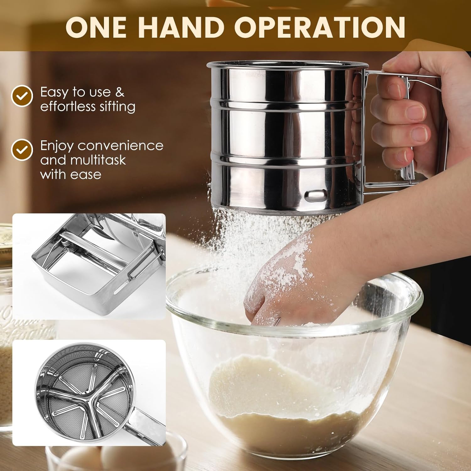 Premium Stainless Steel Sifter for Baking, Fine Mesh Flour Sifter for Baking, One Hand Press Crank Sifter for Powdered Sugar, Flour Sieve Shaker Duster for Baking Cakes Kitchen