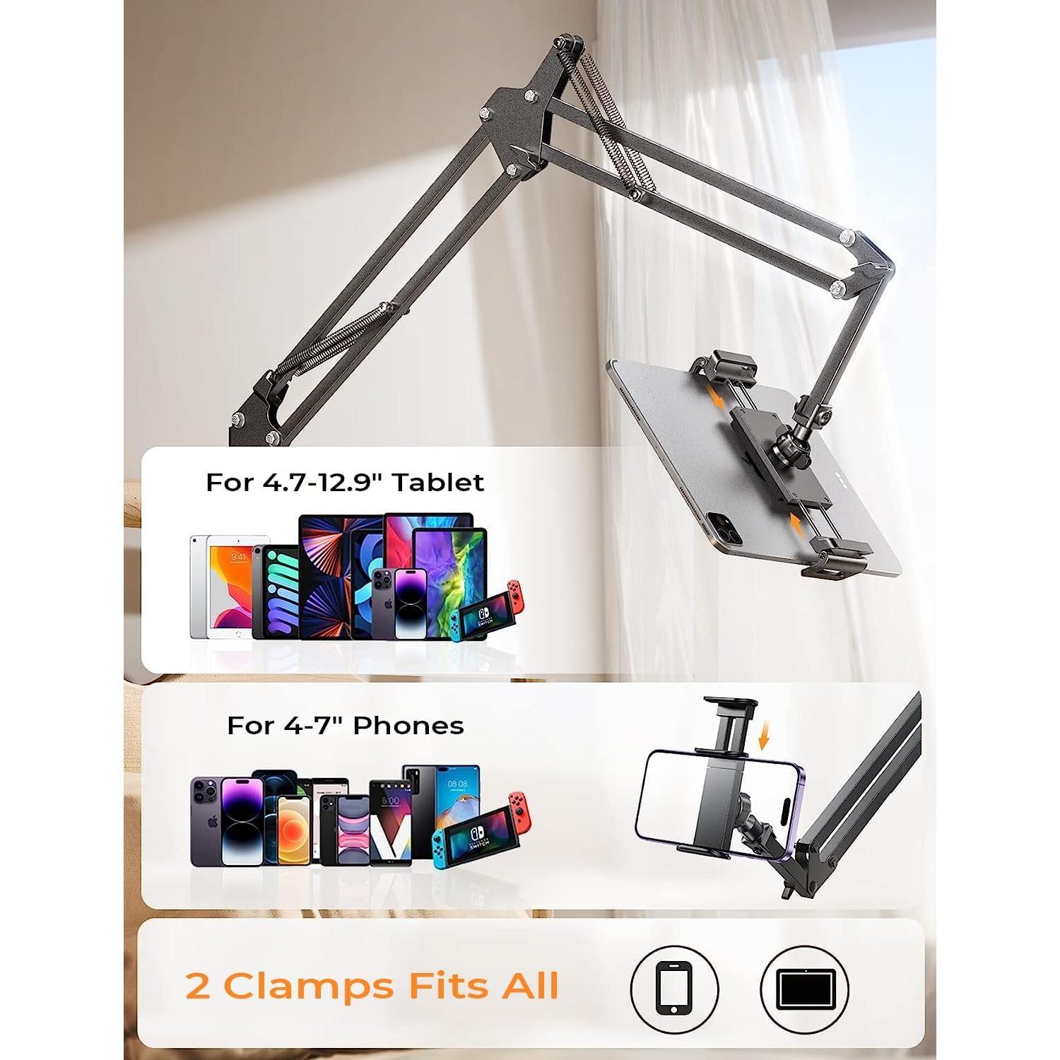 Suporte para tablet Suporte para telefone Suporte para iPad para montagem na mesa [Ultra durável] 2 grampos Suporte para tablet para telefone Suporte para tablet Suporte para telefone se encaixa no telefone 15 Pro Pad 4-13" Dispositivo 