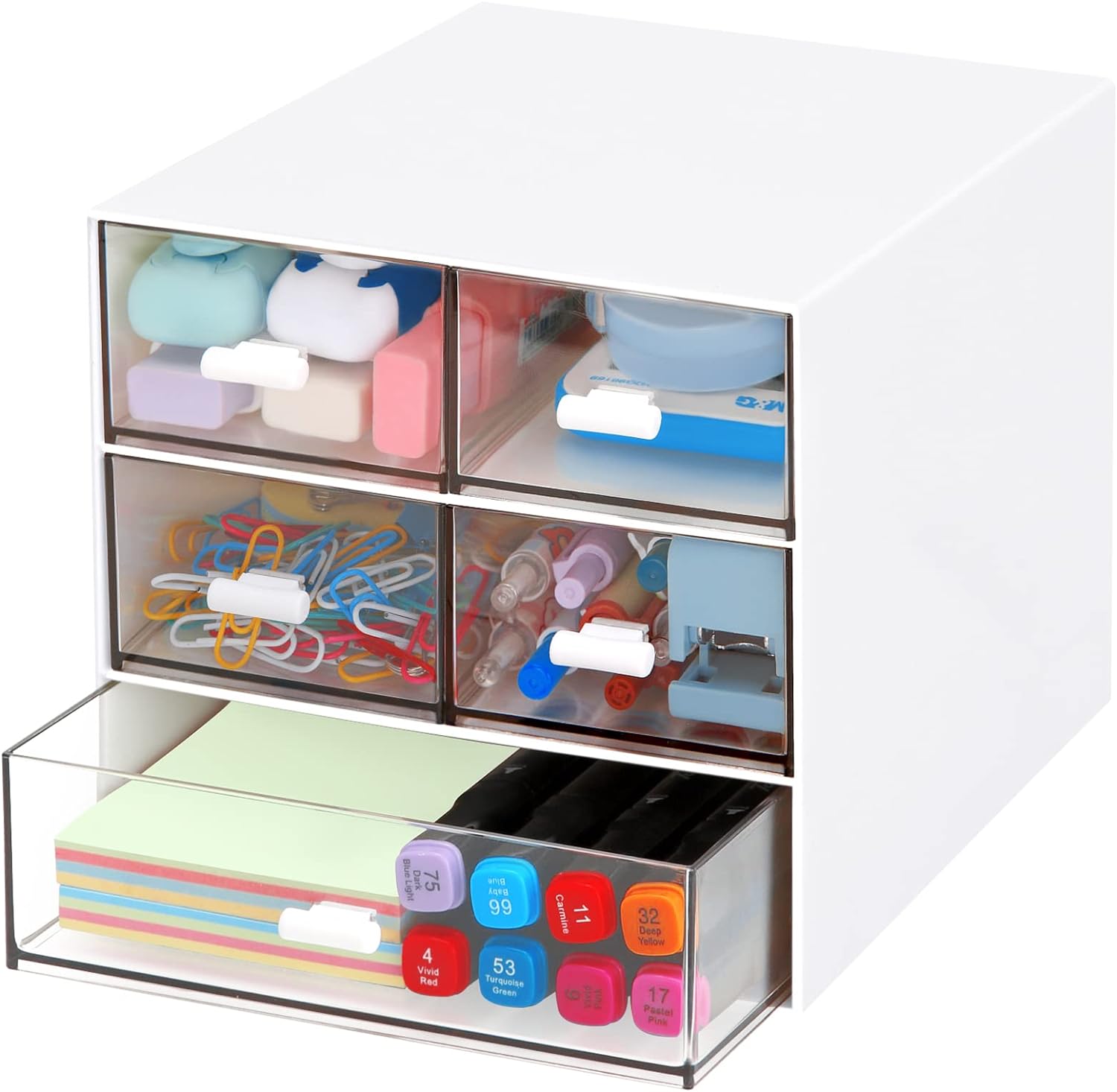 Organizador de mesa com 5 gavetas, material de escritório retangular, gavetas de mesa, armazenamento de maquiagem de plástico, adequado para escritório, escola, casa (branco e 5 gavetas) 