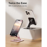 2 Pack Dual Folding Cell Phone Stand, Fully Adjustable Phone Holder for Desk, Compatible with Phone 15 14 13 12 11, All Phones, Black & Rose Gold