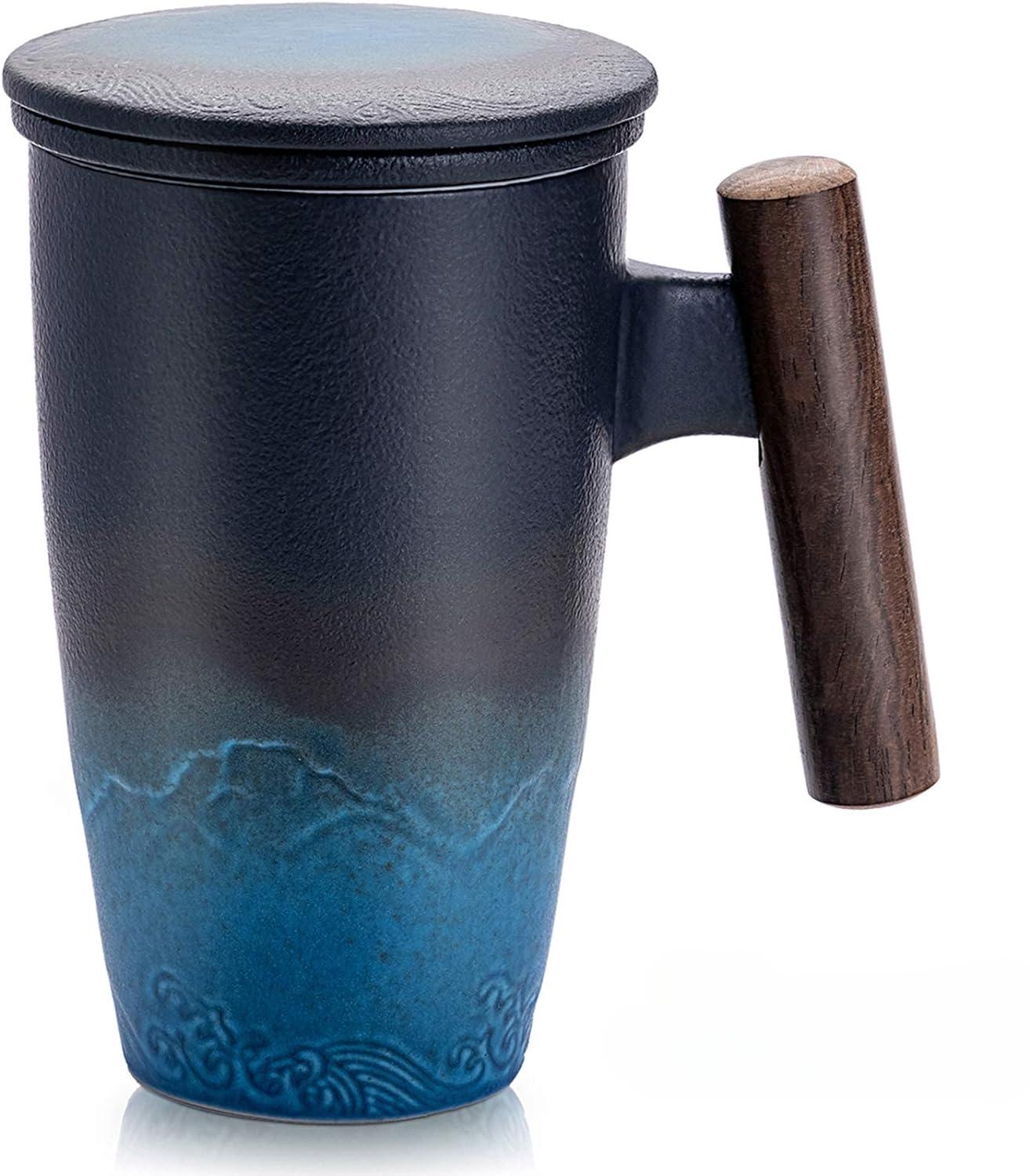 Tomotime Xícara de Chá de Cerâmica com Infusor e Tampa Canecas de Chá Alça de Madeira 400ml/13,5oz Preto ciano 
