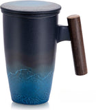 Tomotime Xícara de Chá de Cerâmica com Infusor e Tampa Canecas de Chá Alça de Madeira 400ml/13,5oz Preto ciano 