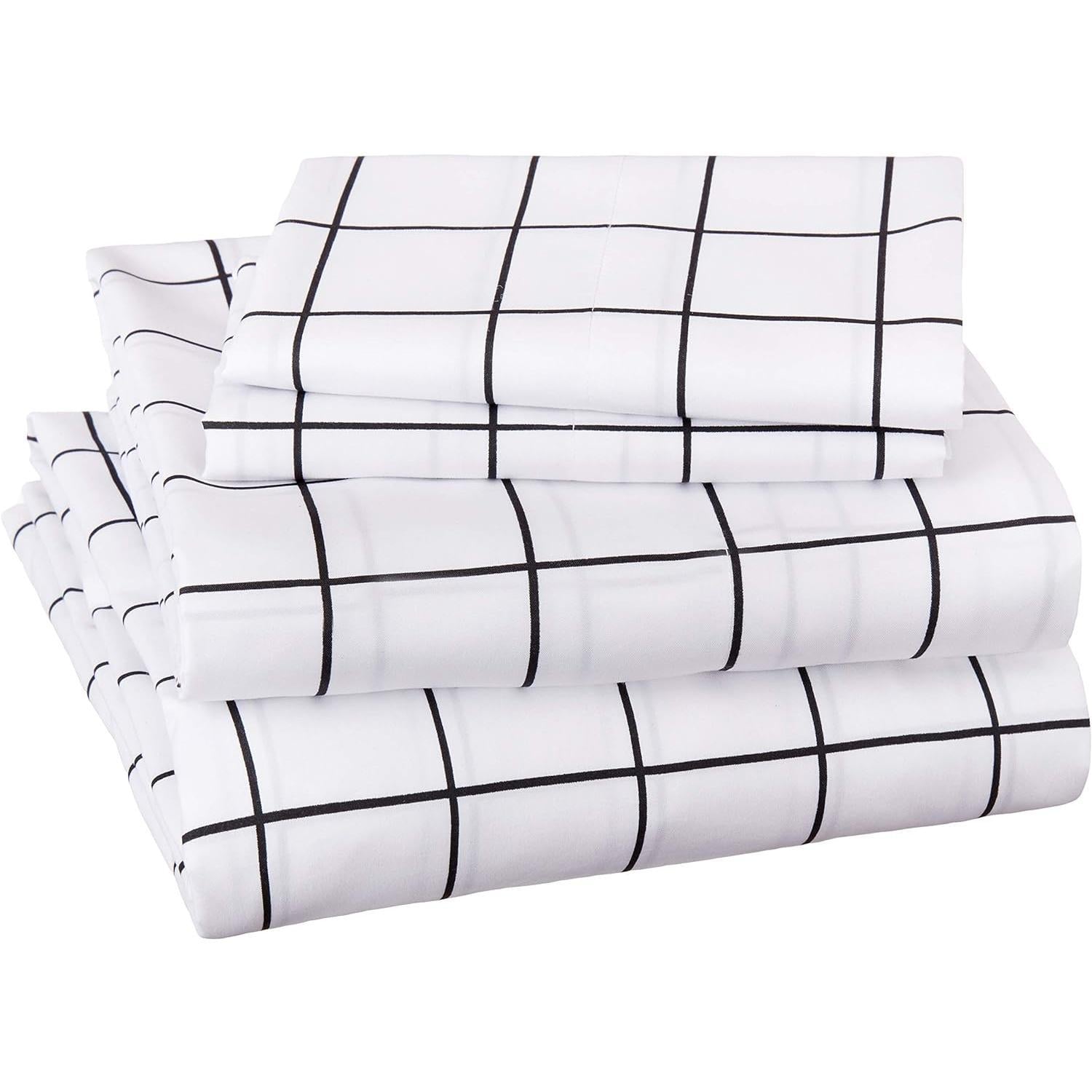 Soft Microfiber 4-Piece Bed Sheet Set with Elastic Side Pockets, Full, Black Grid, Geometric