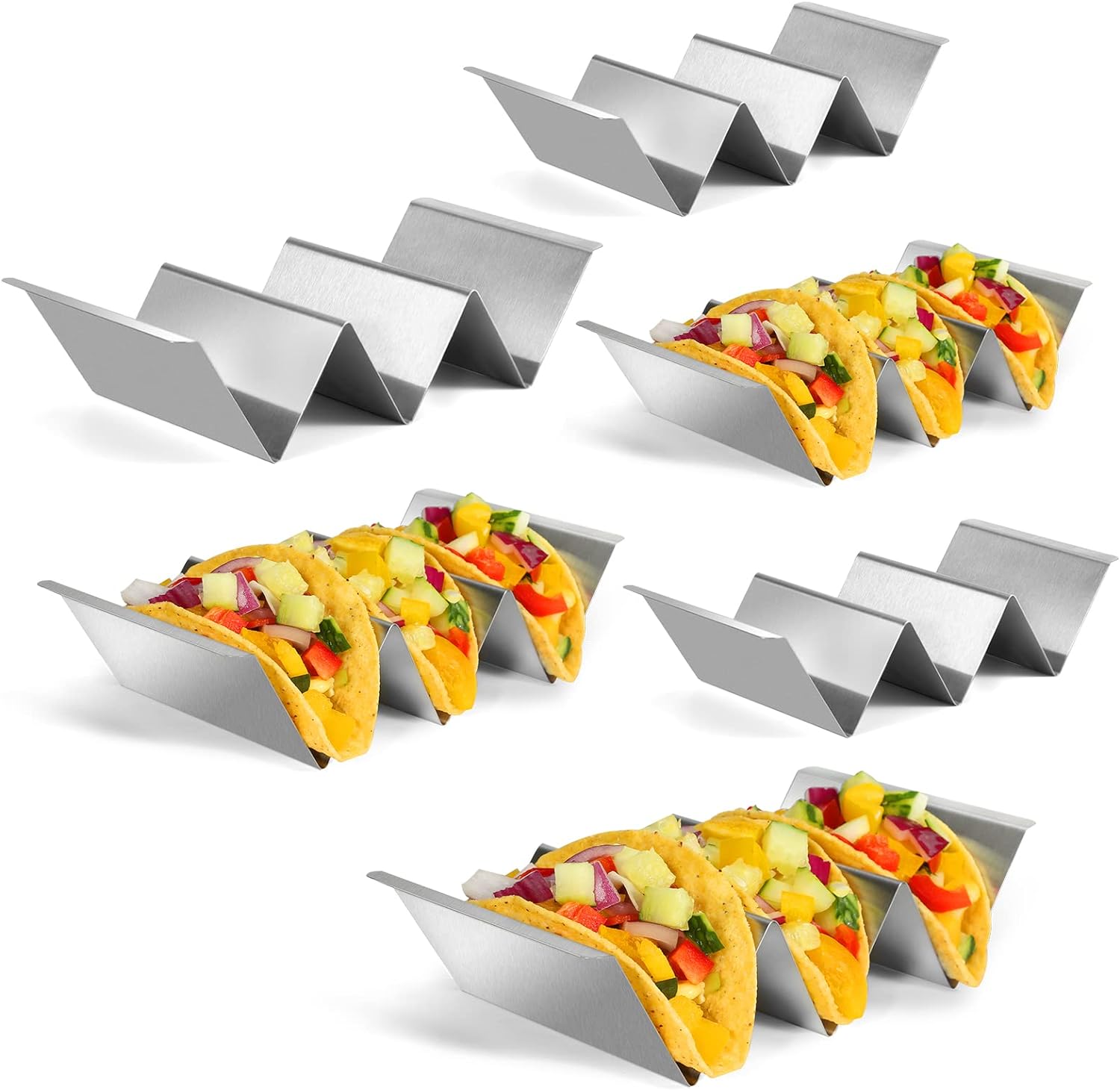 Conjunto de 6 suportes para tacos, suporte para tacos, suporte para tacos de aço inoxidável, com alça de fácil acesso, cada um pode conter de 2 a 3 tortilhas, seguro para forno para assar, máquina de lavar louça e segurança para micro-ondas 
