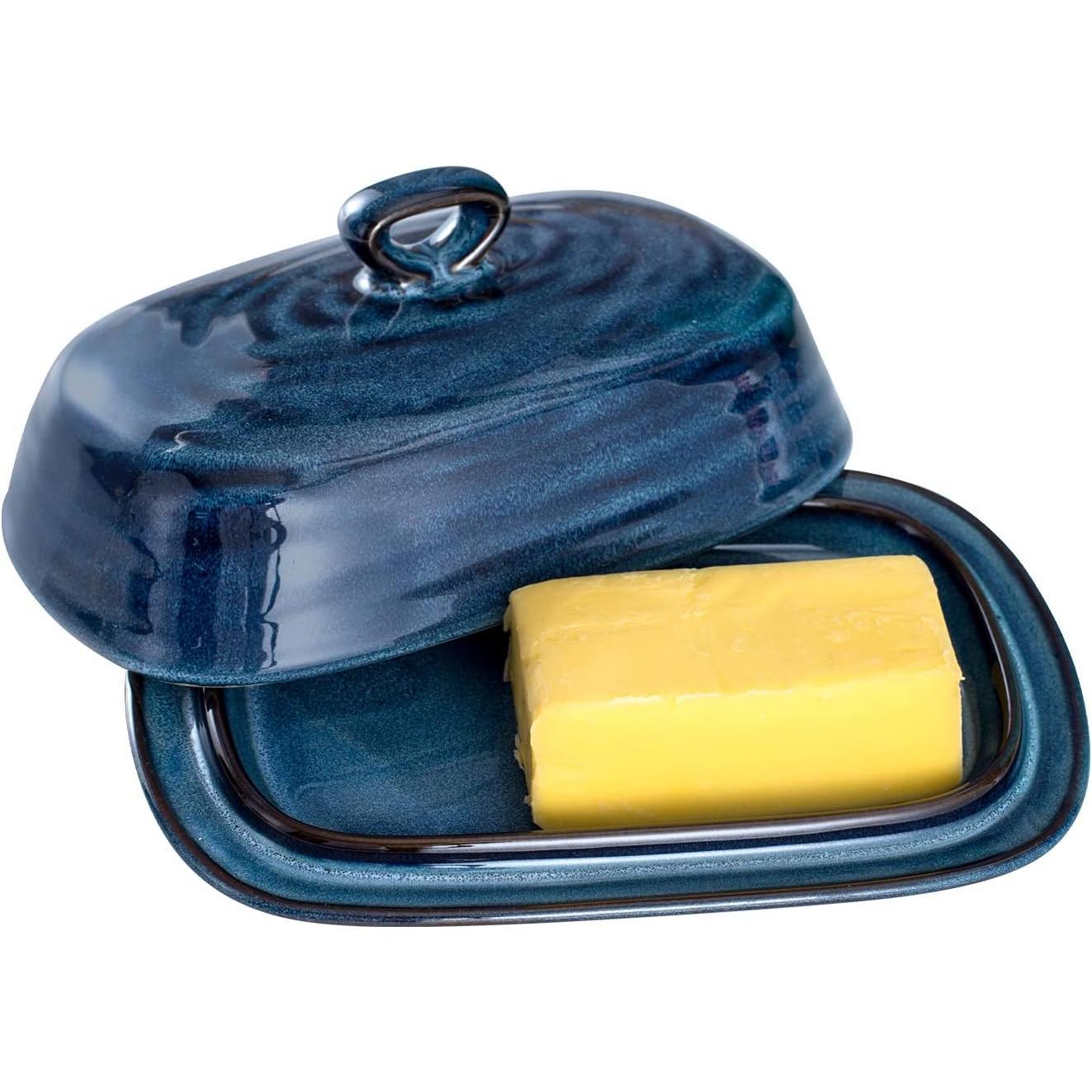 Porcelain Butter Dish with Lid, Covered Butter Container with Handle Design for Countertop, Blue