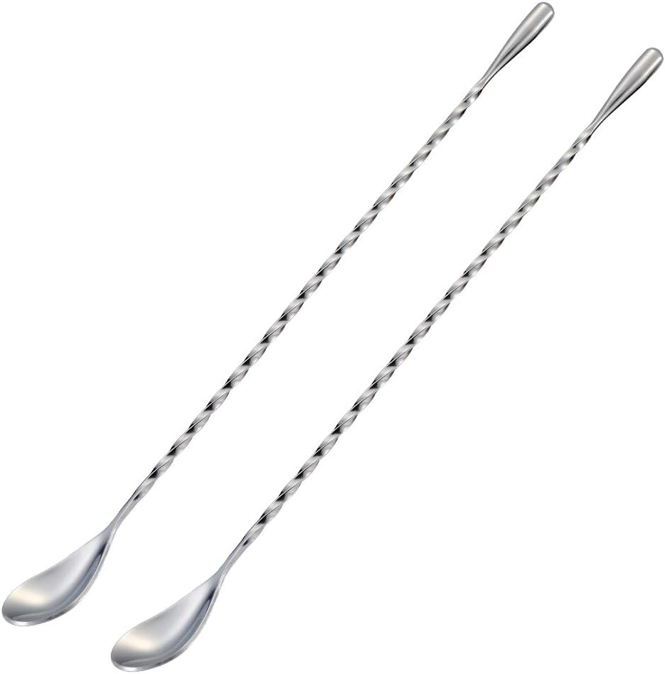 Colher de bar para misturar coquetéis, agitadores para bebidas, aço inoxidável, cabo longo de 12 polegadas, prata, 2 peças 