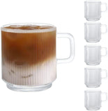 [PACOTE COM 6, 12 OZ] Canecas de café de vidro premium com alça, xícara de chá com listras verticais clássicas, copos de chá transparentes para bebidas quentes/frias. 