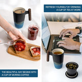 Tomotime Xícara de Chá de Cerâmica com Infusor e Tampa Canecas de Chá Alça de Madeira 400ml/13,5oz Preto ciano 