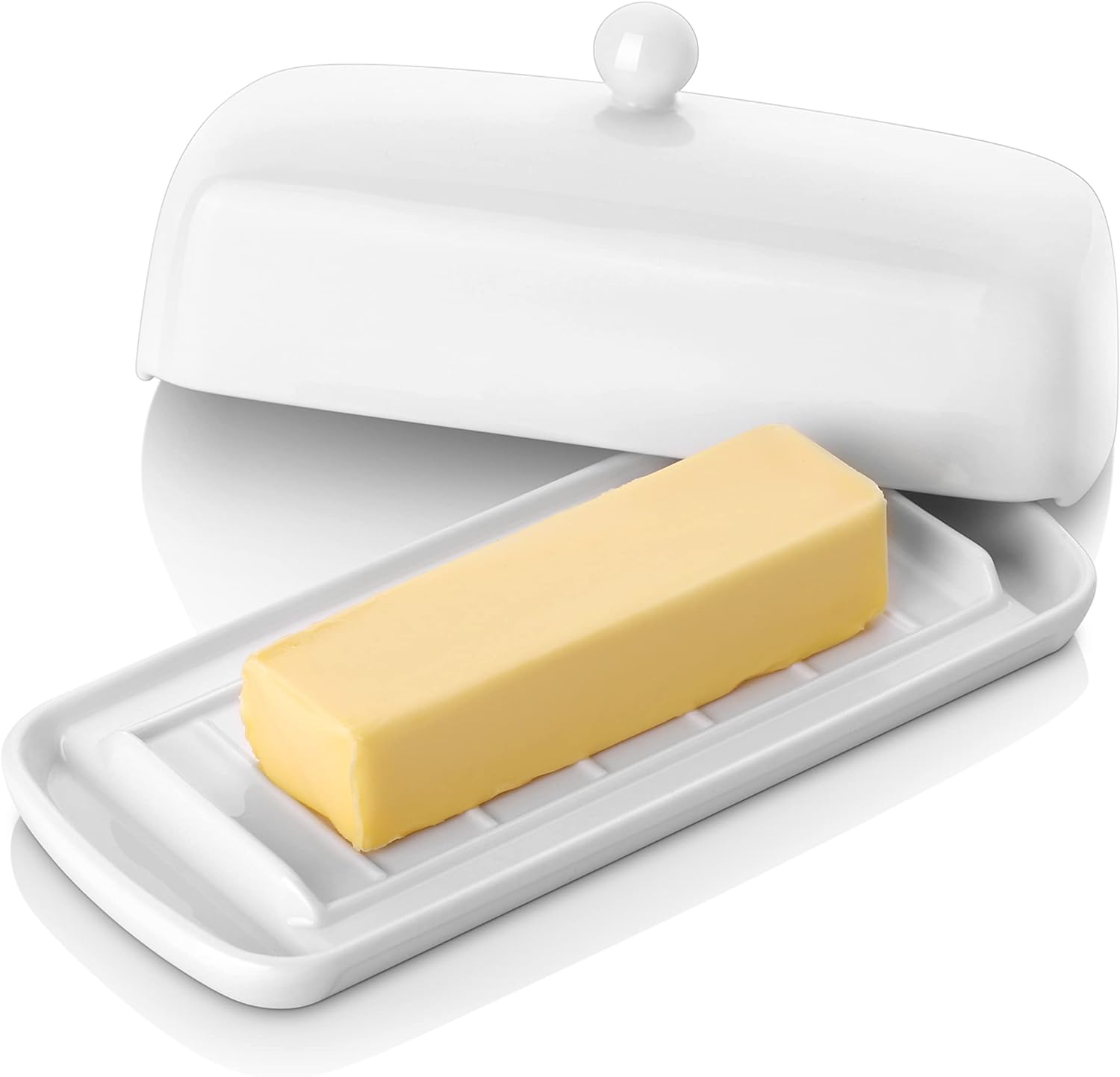 Porcelain Butter Dish - Clean Table Design - Ceramic Butter Dishes with Lid for Countertop with Raised Non-Slip Strip - Holds 1 Standard Butter Stick - Easy to Clean & Dishwasher Safe. White