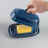 Porcelain Butter Dish with Lid, Covered Butter Container with Handle Design for Countertop, Blue