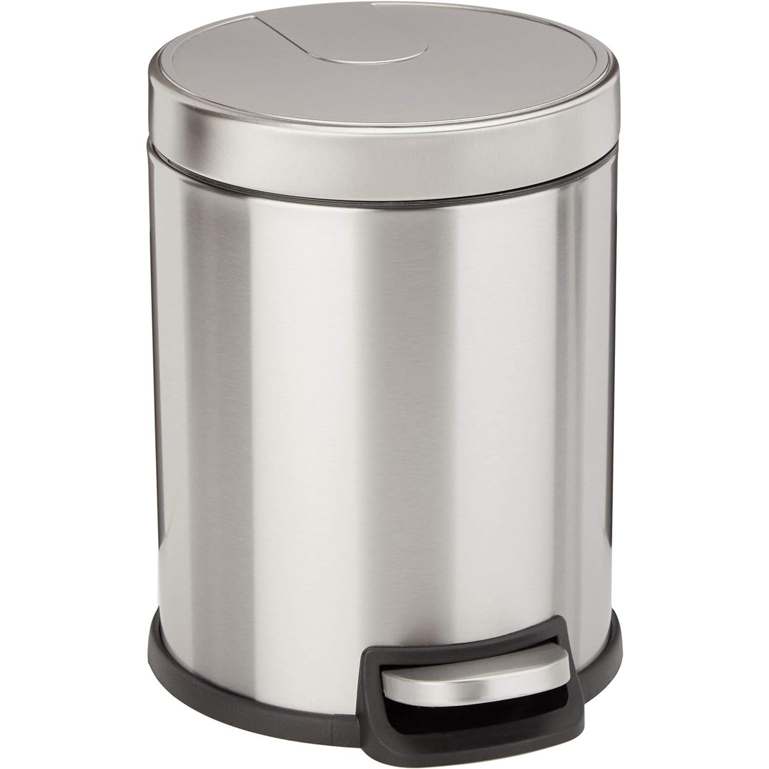 Round Cylindrical Soft-Close Small Trash Can With Foot Pedal, 5 Liter/1.3 Gallon, Brushed Stainless Steel